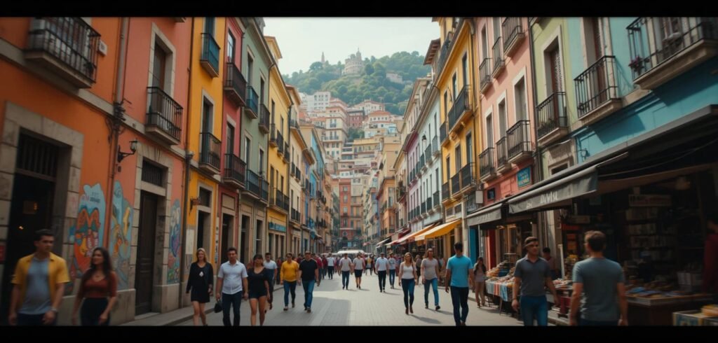 Calle colorida y empinada en Lavapiés, Madrid, mostrando la diversidad multicultural y el arte callejero del barrio