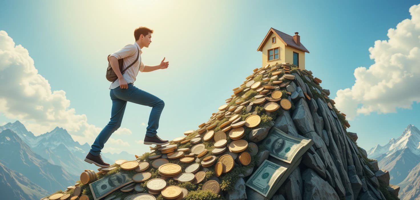 Imagen destacada: Persona escalando una montaña de monedas y billetes, simbolizando el reto de ahorrar para la entrada de la primera vivienda y la meta de la casa propia en la cima.