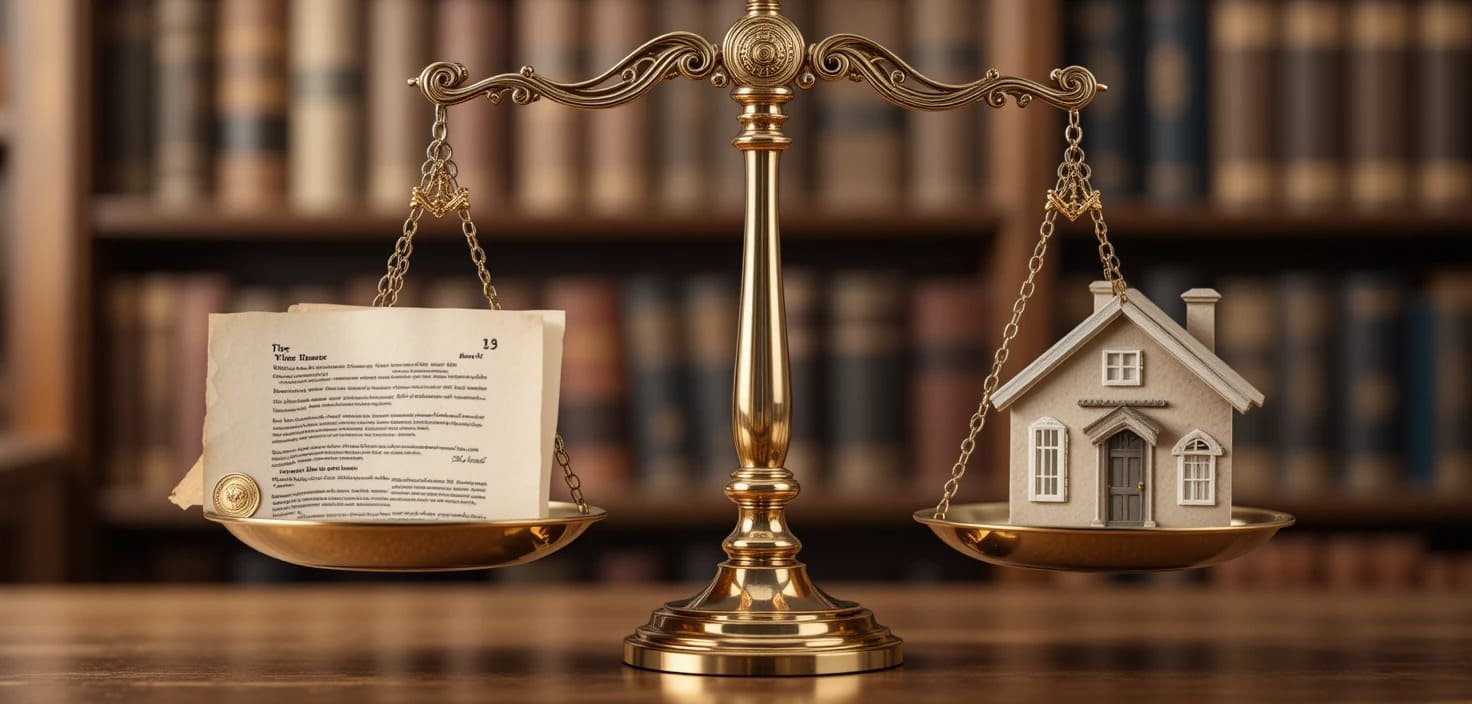 Aspectos legales clave al comprar vivienda. Balanza de la justicia equilibrada.