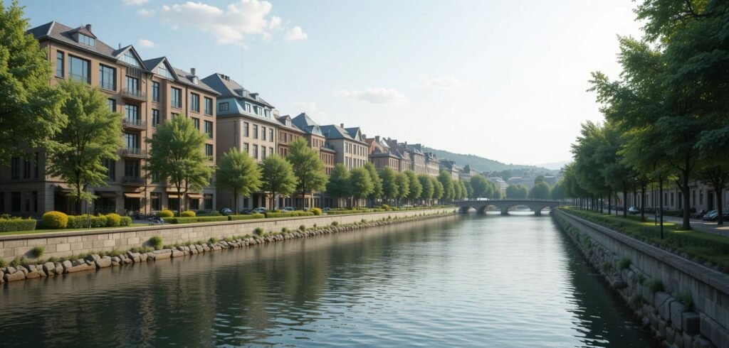 Imagen: Una zona residencial del barrio de Huerta del Rey en Valladolid, junto al río Pisuerga, mostrando edificios de calidad, zonas verdes y un ambiente tranquilo y selecto.