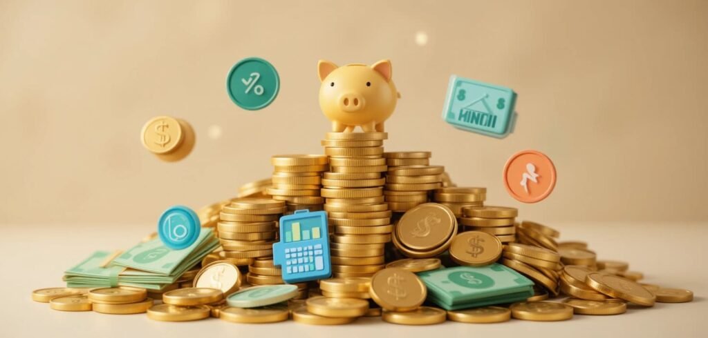 Imagen: Pila de monedas y billetes con iconos flotando alrededor que representan aspectos financieros clave como presupuesto, hipoteca y gastos, ilustrando la sección de preguntas frecuentes sobre finanzas en la compra de vivienda.
