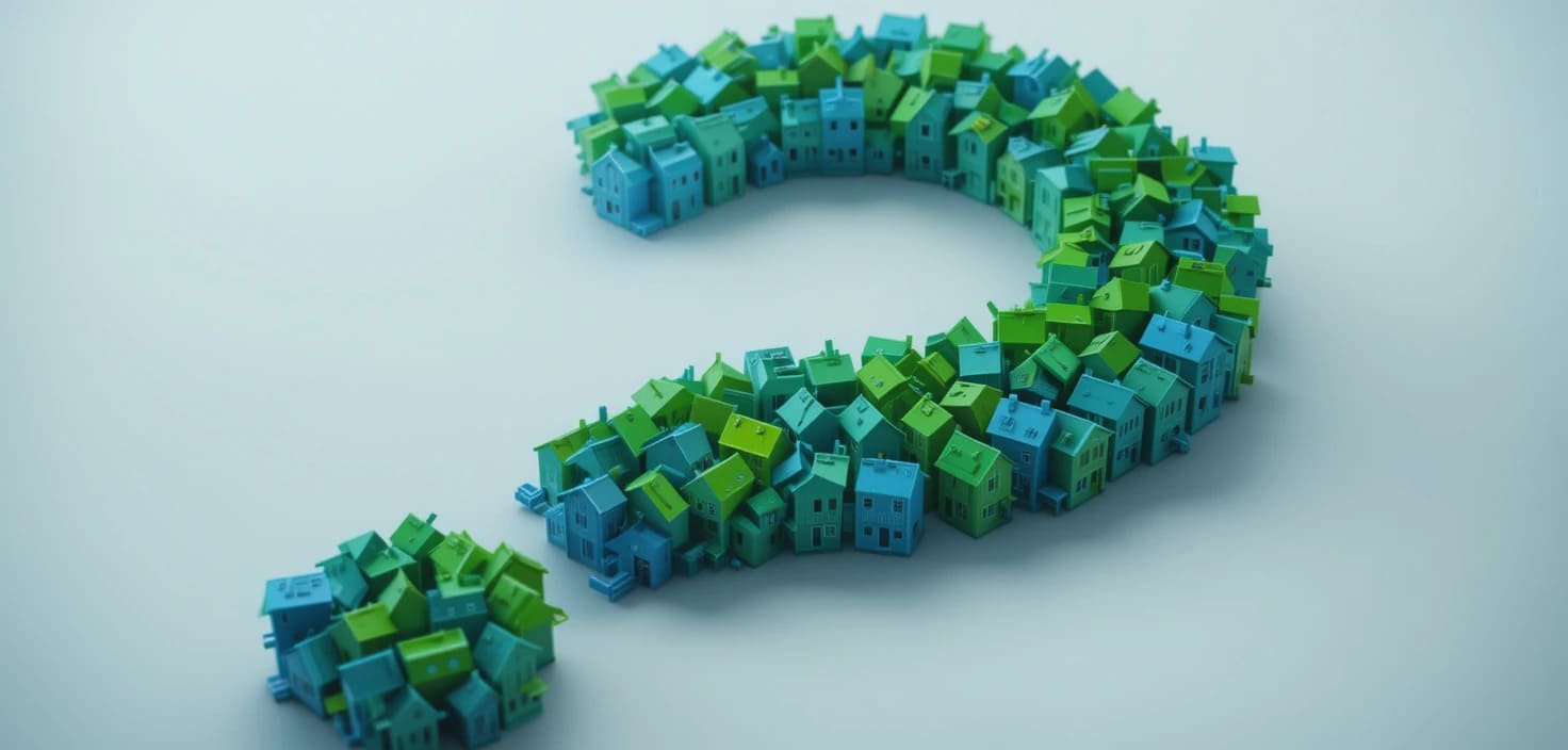 FAQ Compradores Primerizos Vivienda: Signo de interrogación formado por casas, preguntas y respuestas.