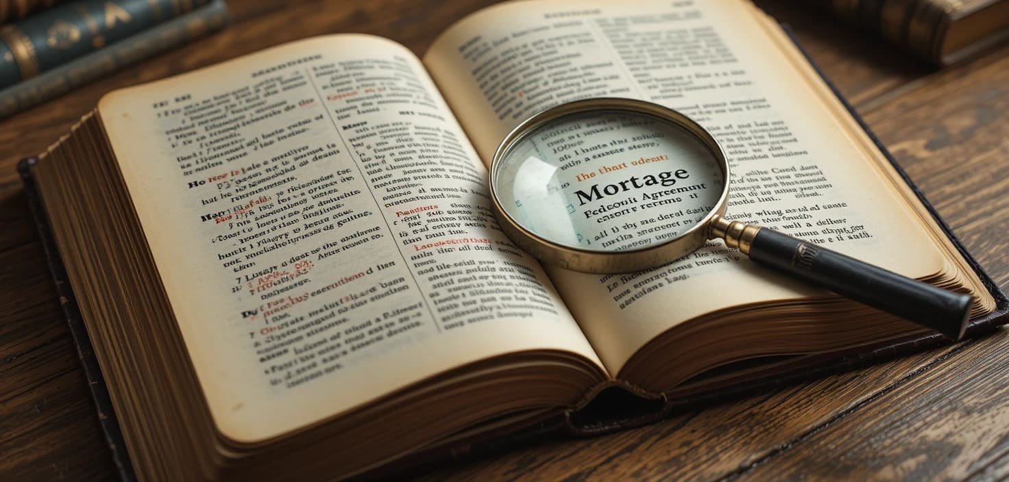 Glosario inmobiliario para compradores primerizos. Libro antiguo abierto con lupa.