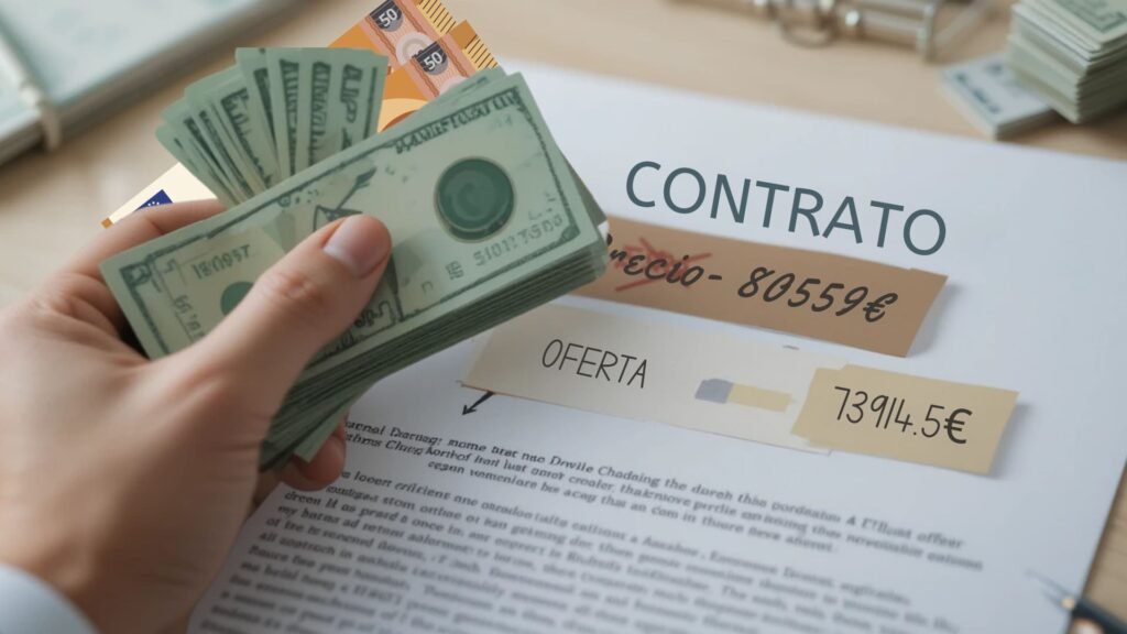 Técnica 2 negociación: Oferta inicial razonablemente baja. Mano colocando dinero sobre contrato.