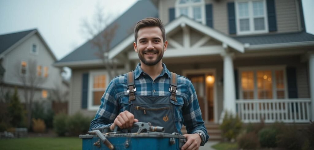 Imagen: Una persona sonriendo con una caja de herramientas delante de su casa, representando la tarea post-compra de mantenimiento y cuidado de la vivienda.