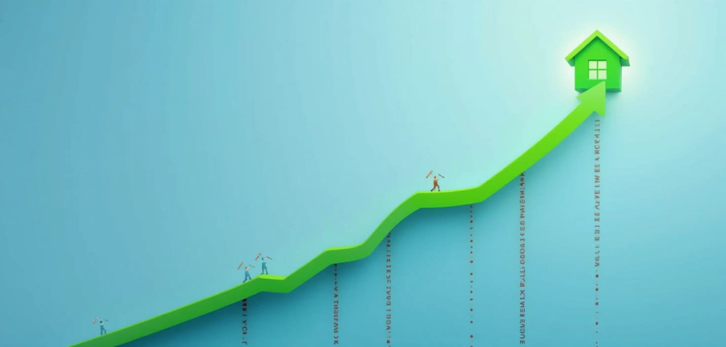 Imagen destacada: Una gráfica de líneas ascendente representando la mejora del score de crédito a lo largo del tiempo, con una casa en la cima como meta final, simbolizando el camino para conseguir la mejor hipoteca.