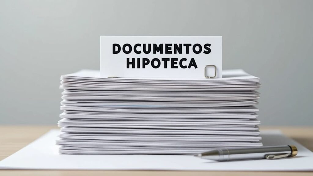 Imagen: Una pila ordenada de documentos con una etiqueta "DOCUMENTOS", representando el Paso 1 de la guía paso a paso para la pre-aprobación hipotecaria: reunir toda la documentación necesaria.