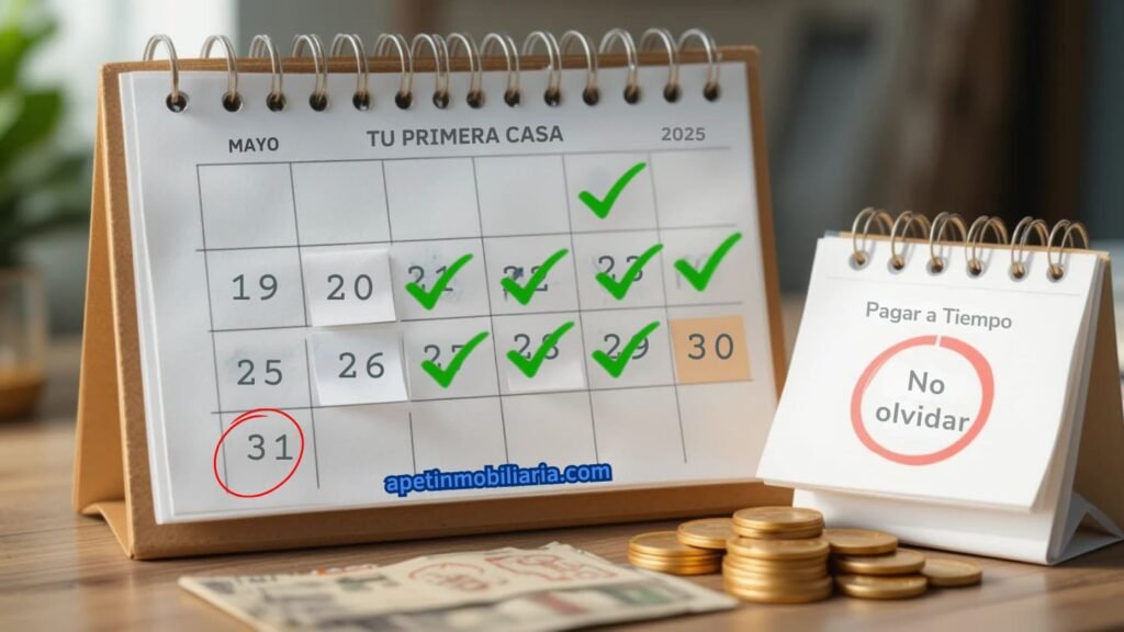 Paso 1: Pagar facturas a tiempo para mejorar score de crédito. Calendario con fechas marcadas.