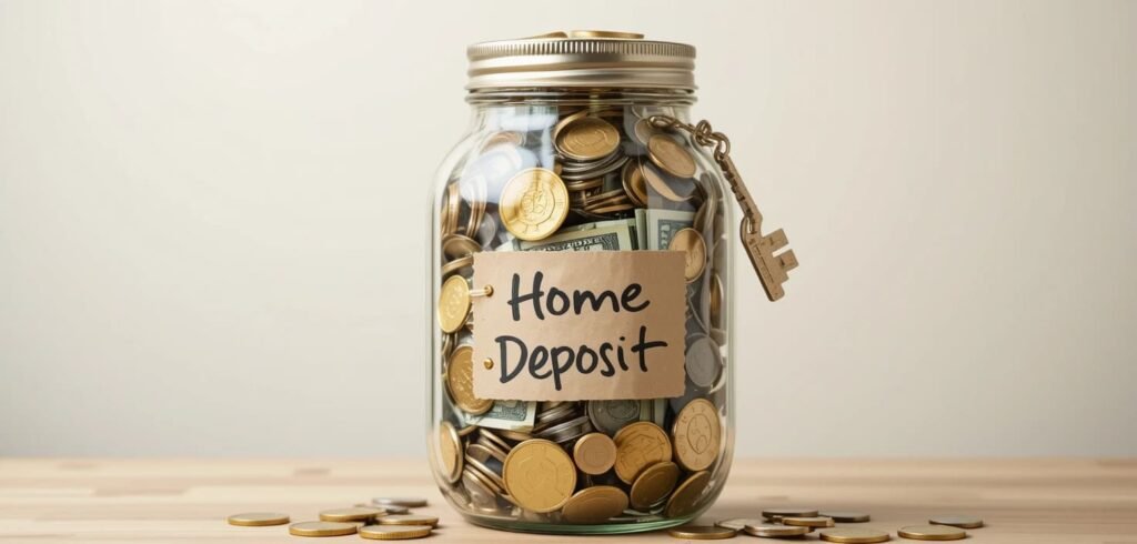 Señal 2: Ahorros suficientes para la entrada de la vivienda. Tarro lleno de monedas y llave.