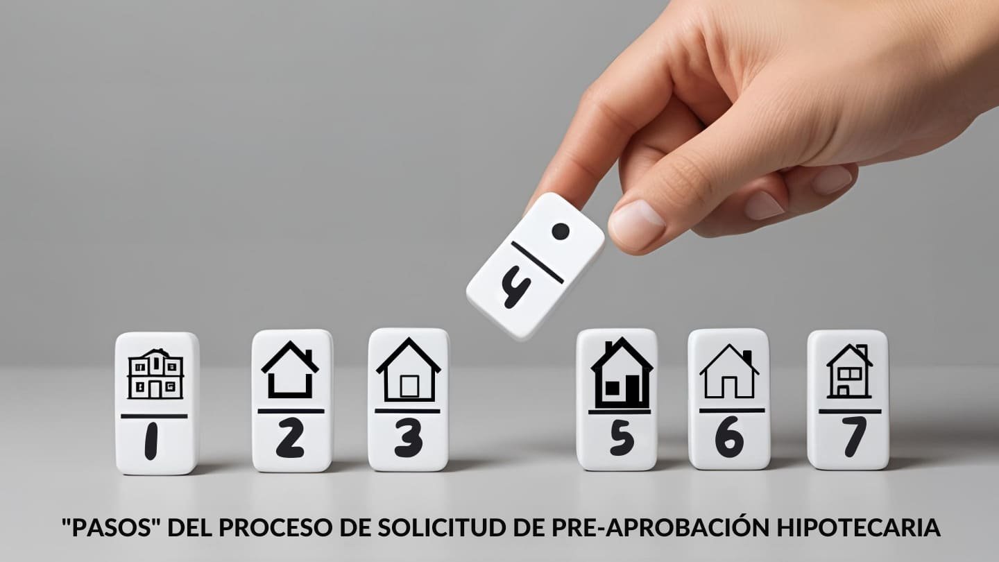 Solicitar pre-aprobación hipotecaria paso a paso. Fichas de dominó representando los pasos